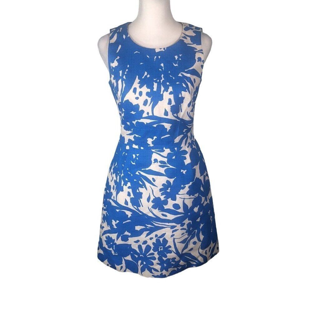 J.Crew Dress 0 Blue Cream Floral Sleeveless Scoop Neck Knee Length A-Line Spring